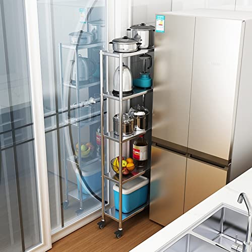 Scaffale da cucina sottile a 5 ripiani su ruote, extra alto, in acciaio inox, per piccoli spazi (26 x 40 x 147 cm) – perfetto per nizing cucina essenziale
