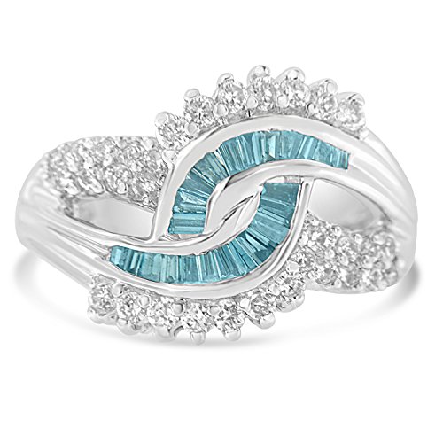 14K White Gold 1.0 Cttw Blue Channel-Set Baguette & White Brilliant-Cut Diamond Swirl Eye Shaped Fashion Ring (Enhanced Blue & H-I Color, I1-I2 Clarity)