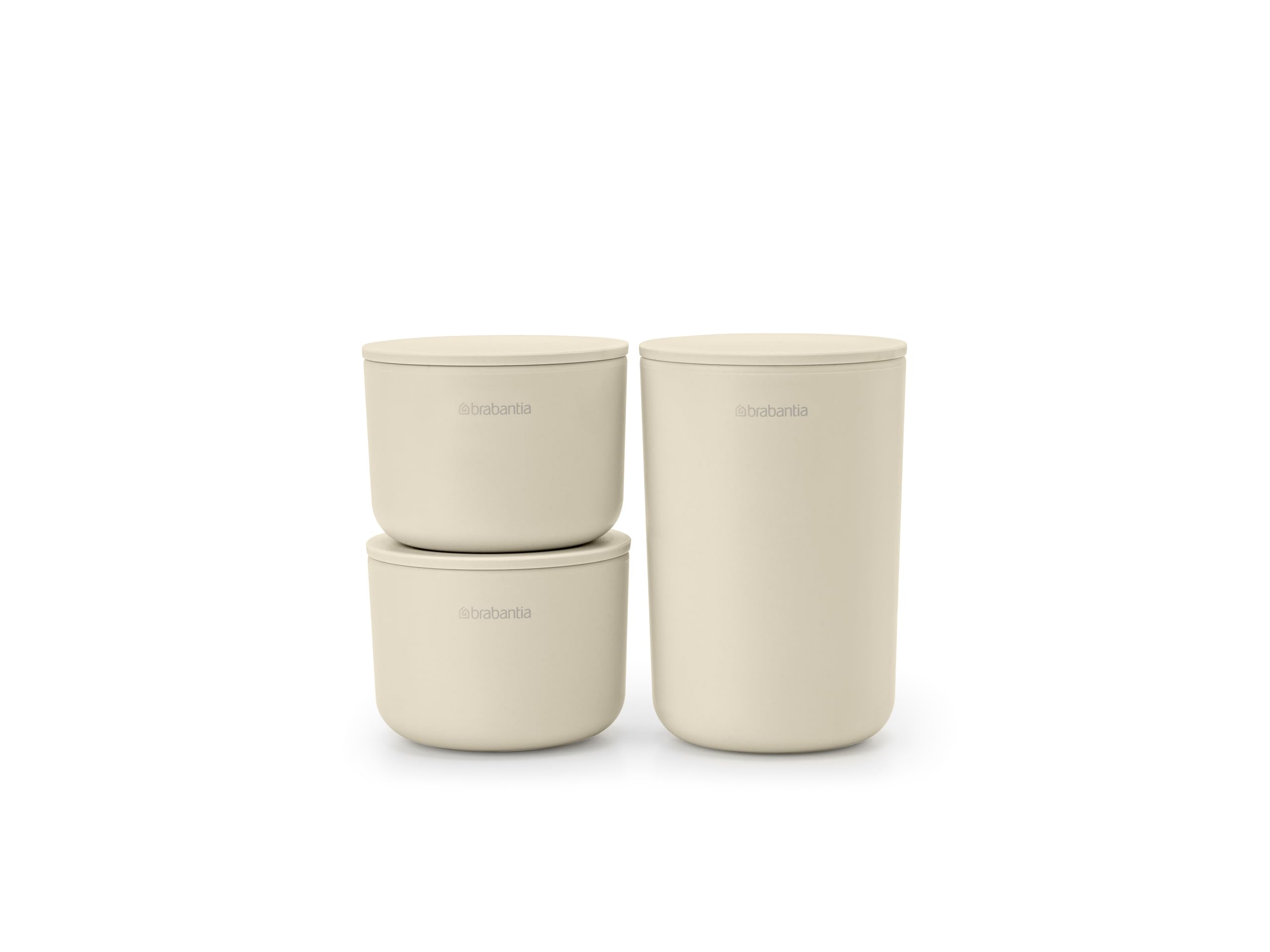 Brabantia - ReNew Storage Pot - Set of 3 - Ideal for Organising Small Items - Stackable Design - Corrosion Resistant - Easy to Clean - Bathroom Accessory - Soft Beige - 15.2 x 7.6 cm
