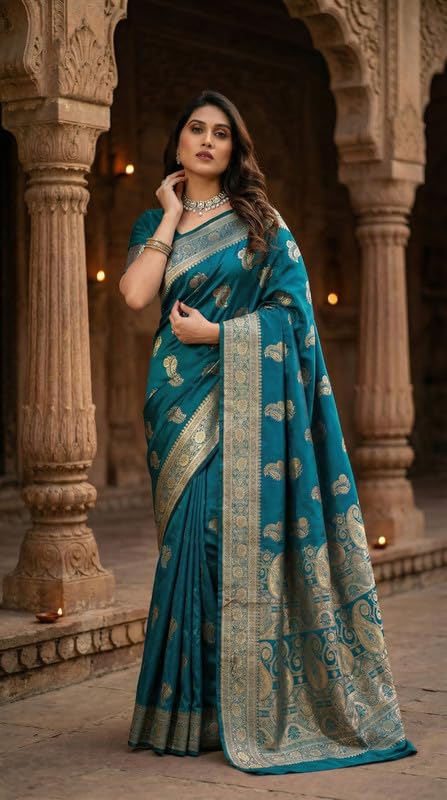 Image of C J Enterprise Women's Pure Soft Silk Saree With Blouse Piece For Wedding (KeriLichi)