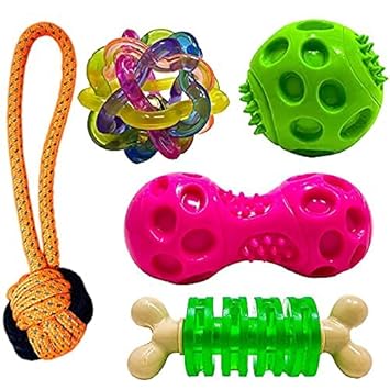 RvPaws Dog Chew Toys for Puppies & Small Breed Dogs (Includes Squeaky Ball, Intractive Ring, Squeaky Dumbbell, Intractive Dumbbell, Cotton Rope Ball Dog Chew Toys for Puppies & Small Breed Toy)..