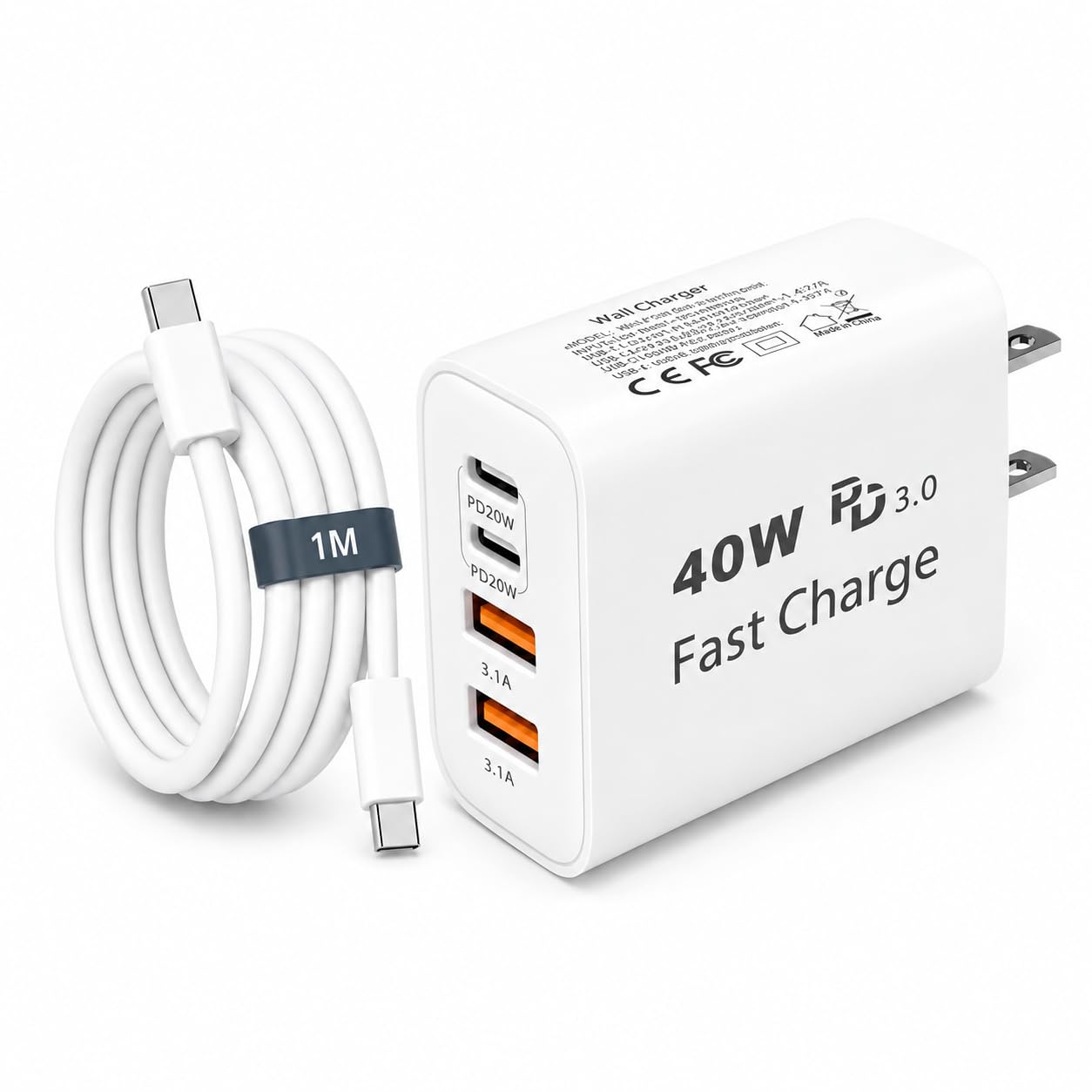 タイプc 充電器 USB Type-C 充電器 合計PD40W 急速充電 GaNIII技術対応 USB-A & Type-C コンセント式電源アダプター搭載iPhone 18 Air/18 Pro Max/17/16/15/14/13/SE3、iPad、Android/タブレット (a白1m1m, 40w)