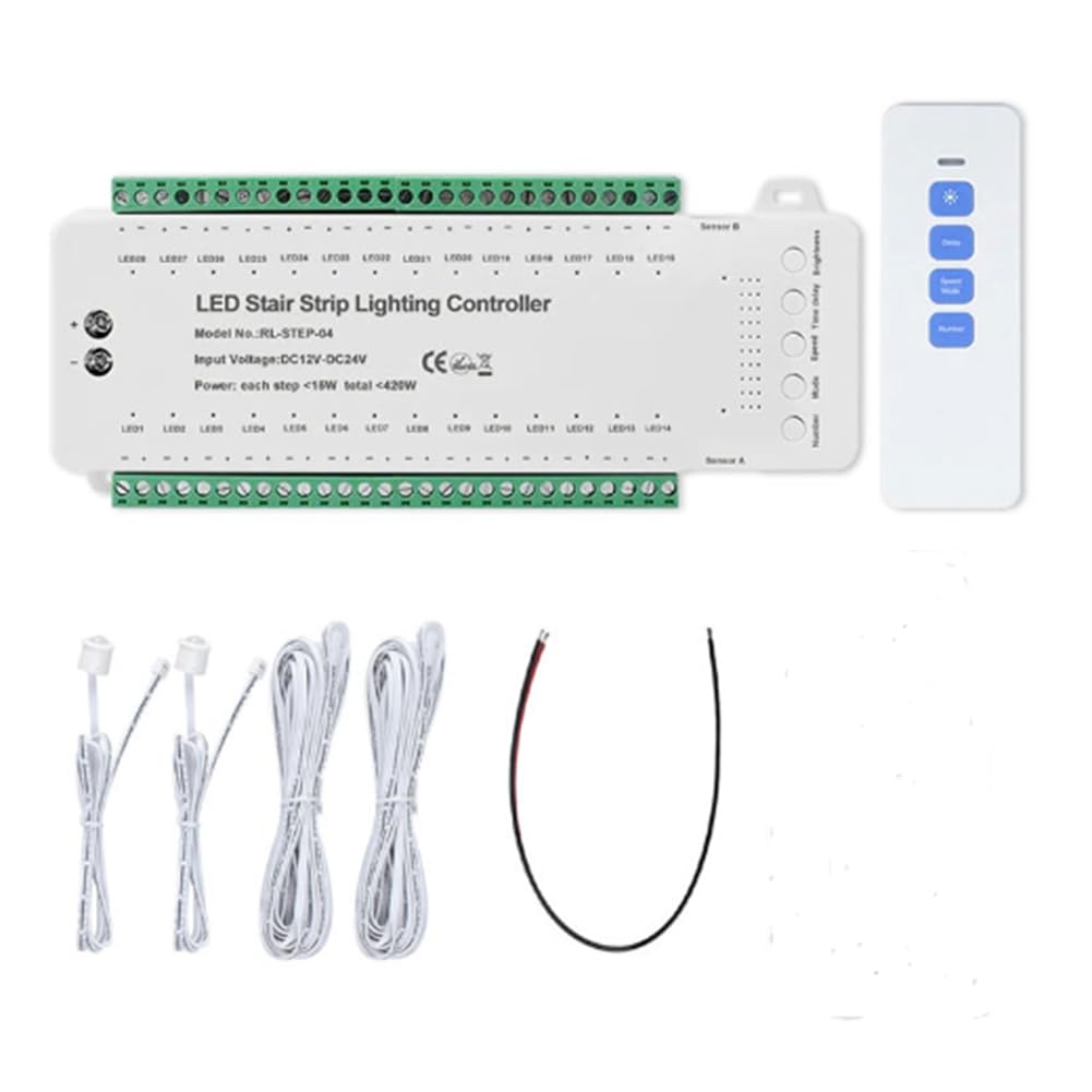 Goufride 28 Steps Stair Lighting Controller with PIR Motion Sensor 28 Channels Stair Strip Dimmer DC12V 24V for Home Staircase