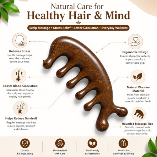 Image of Wooden Scalp Massager Comb for Hair Growth & Relaxation, Handheld Head Massage Tool for Stress Relief, Scalp Stimulator for Men & Women, Ergonomic 5 Finger Design