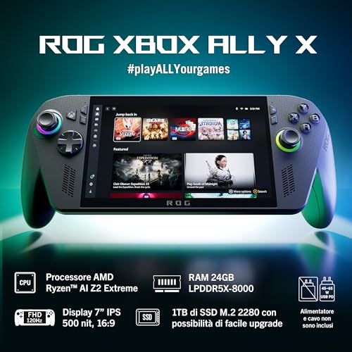 ROG Xbox Ally X RC73XA, Console Gaming, AMD Ryzen Z2 Extreme, RAM 24GB, 1TB SSD PCIE, Display touchscreen da 7" a 120Hz, Impulse Trigger, Windows 11 Home, Nero - Videogame - Immagine 1