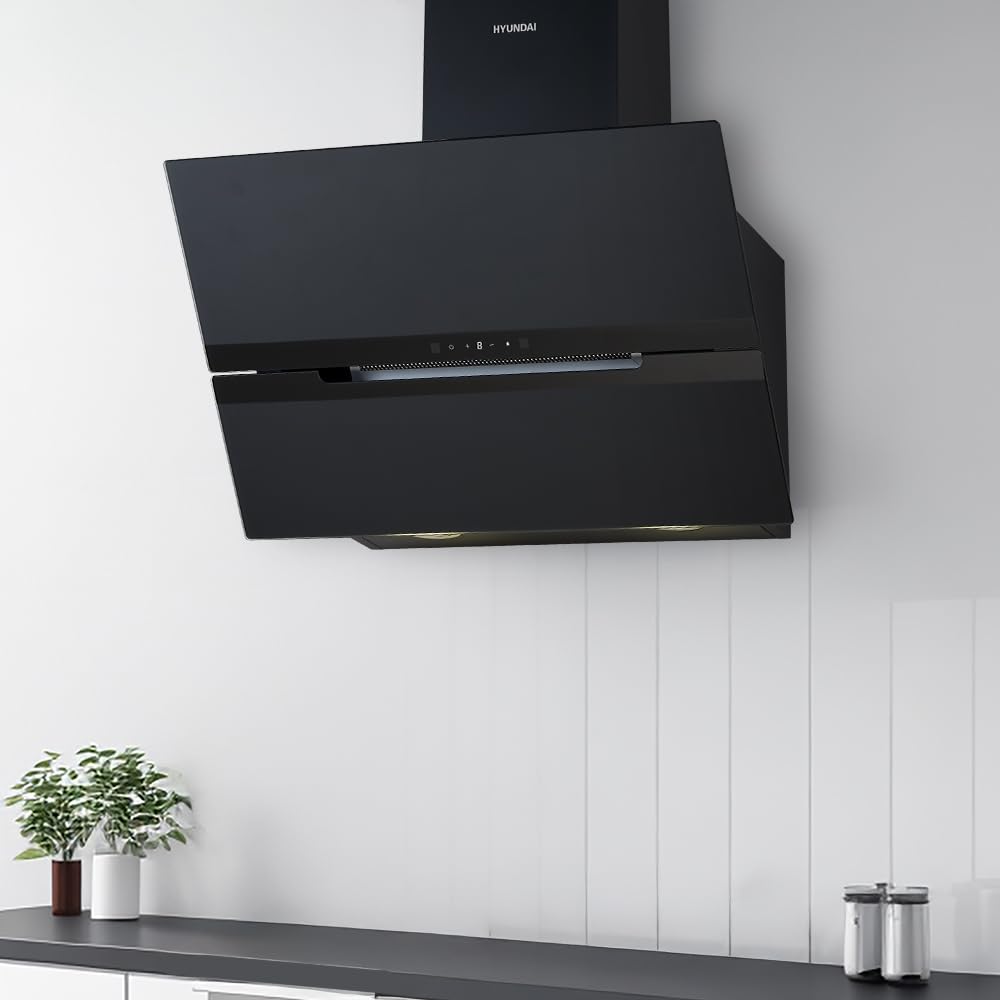 Hyundai Campana Extractora Decorativa Inclinada 60cm, Cristal Negro, HCDE60DCB00. Potencia 831m3/h, 3 Velocidades, 2 Filtros, 64 dB Nivel Sonoro, Control Táctil, Filtros aptos para Lavavajillas
