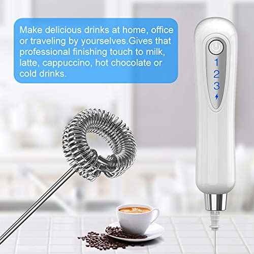 EZCO Milk Coffee Frother Rechargeable, 3 Adjustable Speeds Handheld Electric Milk Foam Mixer Maker Blender with Double Whisk for Coffee Latte Cappuccino Hot Chocolate Drinks Egg