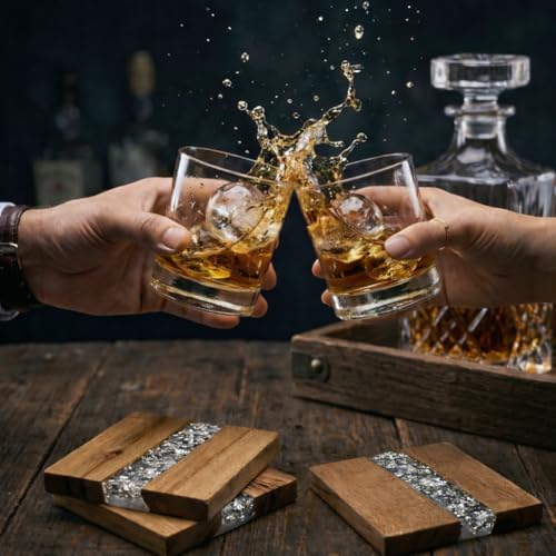 Image of Coaster Set of 4 for Dining Table - Premium Wooden Coasters with Silver Foil Resin Design - Tea, Coffee & Glass Drink Coasters - Luxury Table Coasters for Office Desk, Kitchen & Home Decor