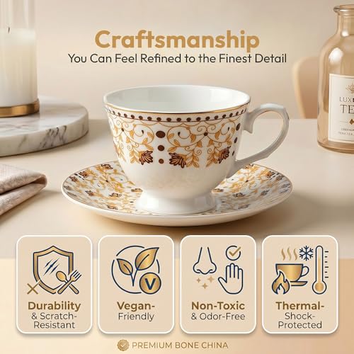 Image of U.P.C.Cup & Saucer Set of 12 Pcs | Golden Brown Floral Vine & Polka Dot Printed Bone China Tea Coffee Set | Gift for Home & Kitchen