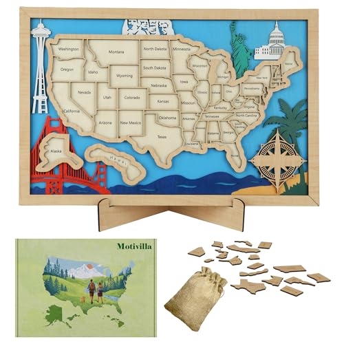 Wooden USA Travel Map- 3-Layer Real Wood State Map Tracker with Gift Box - Personalized Wall Art & RV Decor with Table Stand, Marker Pen & Adhesive Backing (Landmark, 16.5 x 11")