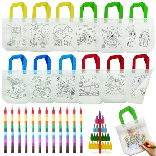 ICEPAPA, Gadget Compleanno Bambini, 12 pezzi di Sacche da Colorare per Bambini e 12 pezzi di Pastelli a Cera impilabili (12 colori in totale), per Regalini Fine Festa Compleanno
