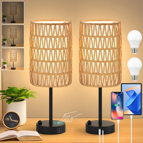 Reviews de Lamparas de mesa mexico , tabla con los diez mejores. 43 Lámpara de Mesa Táctil con Bombilla, Pequeña Lampara de Escritorio Boho con Pantalla de Ratán y Lino, Lámpara de Mesita Regulable de 3 Vías con Puerto de Carga USB (Negro, 2...