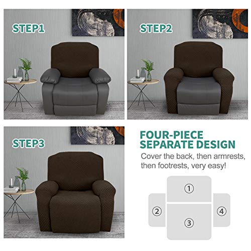 YEMYHOM 4 Pieces Stretch Recliner Slipcover Latest Jacquard Recliner Chair Cover with Side Pocket Anti-Slip Fitted Recliner Cover Couch Furniture Protector with Elastic Bottom (Recliner, Dark Coffee) - Thumbnail 7