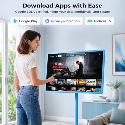 Image of 32 Inch Portable Smart TV | 1080P Touch Screen | Android 15 8G+128GB Storage | Movable Monitor on Wheels | 5MP Camera | 38,400 mAh Battery | Voice /Airmouse Remote Control | Versatile Rotatable Display