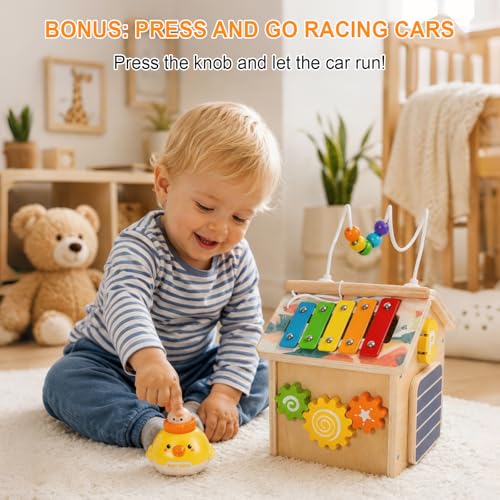 Montessori Wooden Baby Activity Play Cube Toys for Boys Girls 6 Months+, Early Developmental Learning Activity Center for Toddlers, 1-3 Years Old Kids First Birthday Gift, Bonus Infant Press & Go Car - Image 6