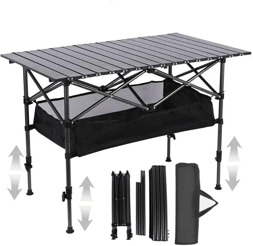JOYFOX Mesa Dobrável 120cm Ultraleve Portátil Altura Ajustável Resistente Para Camping Garden Life Acampamentos Churrascos Piqueniques Caminhadas Pesca Preto