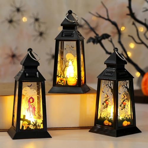 3 peças decoração de Halloween candeeiros, luzes de Halloween com motivos de bruxa e abóbora, velas LED para decoração de casa interior exterior