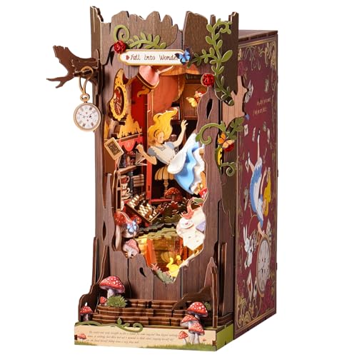 ROBOTIME 立体パズル ブックヌック キット 3d ウッド パズル ミニチュアハウス ドールハウス ミニチュア キット 木製 手作り クラフト ブックスタンド 組み立て本棚装飾 LEDライト内蔵 初心者中学生も簡単組立 知育玩具 プレゼントに最適 ブ