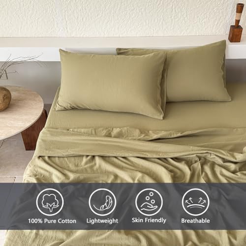 NSNLGSGC 100% Muslin Cotton Sheet Set Queen Size, 2-Layer Washed Cotton Gauze Linen Feel Like Bed Sheets, 4-Pieces Bed Blanket Sheet Set with Deep Pocket(Sage Green,Queen) - Thumbnail 5