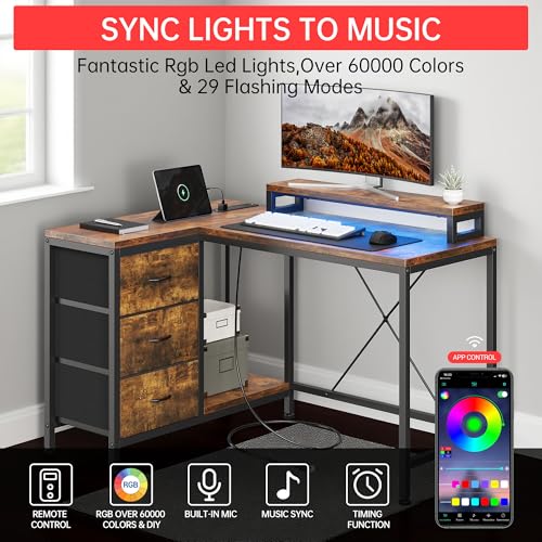 Image of Hetoy L-Shaped Computer Desk with Charging Station - Corner Gaming Desk with LED Lights, Drawers & Storage Shelves for Home Office Use, Rustic Brown