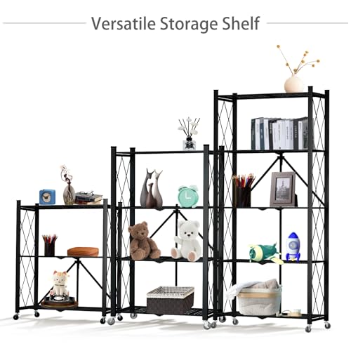Image of 5 Tier Folding Shelf with Wheels,Metal Steel Collapsible Shelves | No Assembly Portable Shelves Organizer Rack,Rolling Standing Utility Rack for Kitchen, Pantry, Office, Black