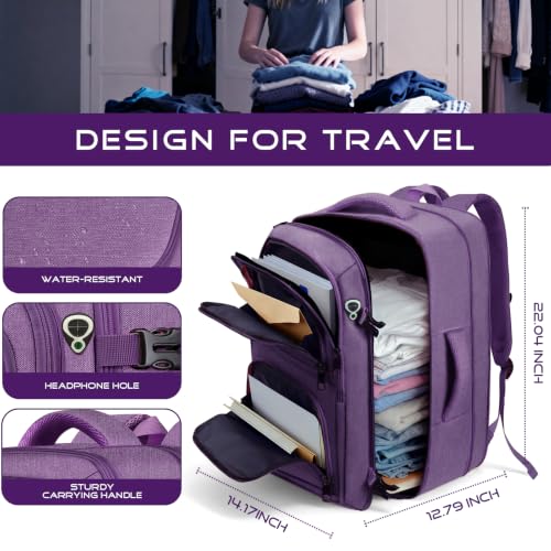 Image of Extra Large Travel Backpack, Expanable Carry on Backpack for Women, TSA 18.4 inch Laptop Bag Flight Approved, Lightweight Waterproof Business Luggage Bag, Travel Gifts for Women, Purple