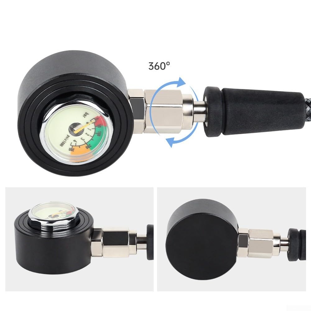 Manometro per immersioni subacquee con tubo in fibra di carbonio, filettatura 7/16-20UNF, luminoso per quadrante per acque scure, rotazione a 360°, alta pressione 300bar, nero, 65 cm (15 cm