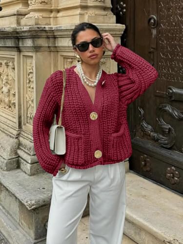 Saodimallsu Womens Button Up Sweaters Fall Chunky Knit Cropped Trendy Crewneck Loose Cardigan with Pockets4