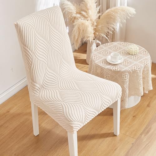 Image of HOMETHREADS Elastic Jacquard Chair Cover - Stretchable, Removable & Washable Short Dining Chair Slipcover | Durable Seat Protector for Kitchen, Dining Room & Banquet Chairs (Cream, Pack of 4)