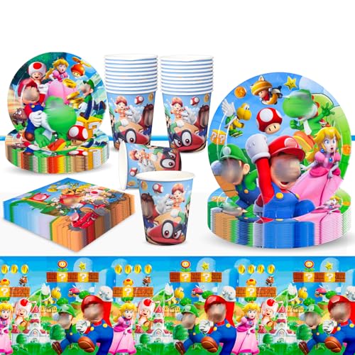 Super Bro Lot de 51 pièces de vaisselle de fête à thème de dessin animé pour fête d'anniversaire d'enfant avec assiettes, nappe, nappe, tasses pour 10 invités