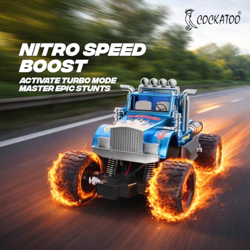 Image of Cockatoo Kids Monster Truck Remote Control Car Toy for Kids, RC Car 2WD, 2.4GHz Remote, Smooth Suspension, 10-15 km /h Speed, 1200mAh Rechargeable Battery, Racing Car, Indoor & Outdoor, Ages 4+, Blue