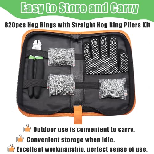 Image of 620 Pcs Hog Rings with Straight Hog Ring Pliers Kit with Leather Tool Kit, 3 /4 inch 1 /2 inch 3 /8 inchGalvanized Hog Rings for Animal Pet Cages、Ropes、Bagging、DIY Craft、Furniture