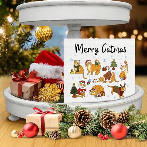 Image of Cat Christmas Decor, Merry Christmas Wood Box Sign, Cats Lovers Gifts for Women, Farmhouse Xmas Home Office Decorations for Desk Table Shelf 5 X 5 Inches
