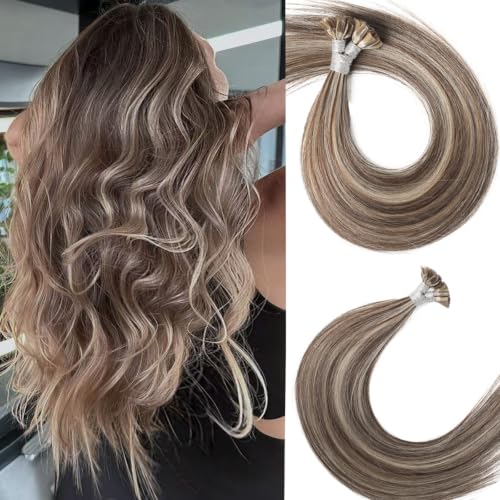 Eliysako Remy-Hair K Tip Hair Extensions Real Human Hair 18inch 40g/pack U Tip K Tips Ktip Real Human Keratin Hair Extensions Color #P4/16 Light Blonde Mix Dark Brown
