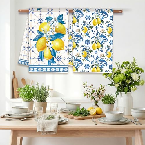 Image of FUTBU Lemon Summer Kitchen Towels, Bule Diamond Check Bamboo Lemon Dish Towels Set of 2 for Bathroom Decor, 18x26Inch Drying Dishcloth Farmhouse Holiday Summer Decoration