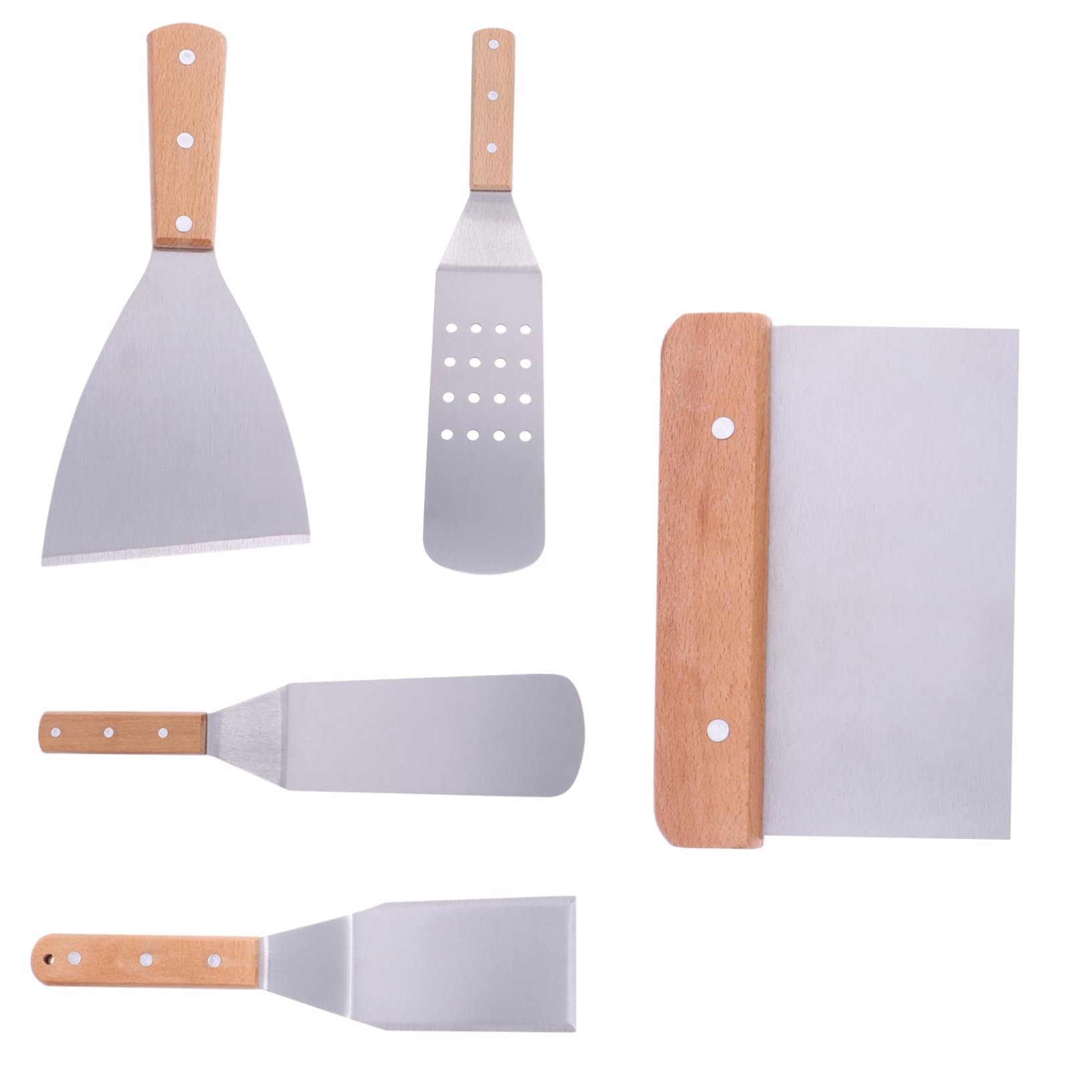 ULTECHNOVO Espátulas de Acero Inoxidable Resistente al Calor Juego de 5 Mango de Madera Pala para Pizza Bistec Adecuado para Cocina