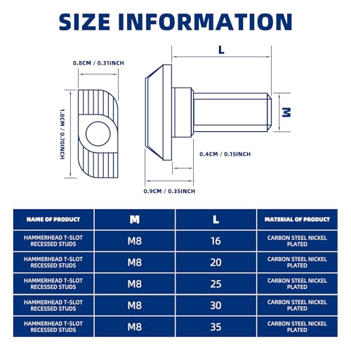 Image of 50Pcs M8x16 /20 /25 /30 /35mmThread T-Slot Drop-in Stud Sliding Screw Bolt with Flange Nut Set, Heavy Duty Hammer Head Bolt T Shape Screws for European Standard 40 Series Aluminum Profile