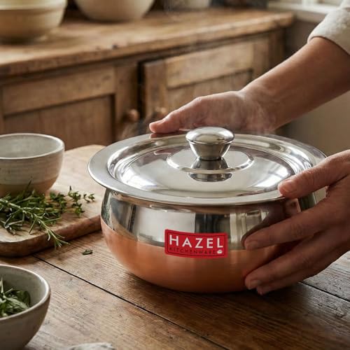 Image of HAZEL Copper Bottom Handi Medium 1200 ml with Lid | Stainless Steel Cookware Handi for Kitchen | Copper Bottom Vessel for Cooking | Steel Utensil for Cooking & Serving