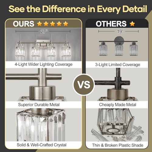 Image of Torondo Modern Crystal Bathroom Vanity Light 4-Light Brushed Nickel Bathroom Light Fixtures Over Mirror Vanity Lighting Fixtures Square Shade Wall Sconce (Bulbs Not Include)