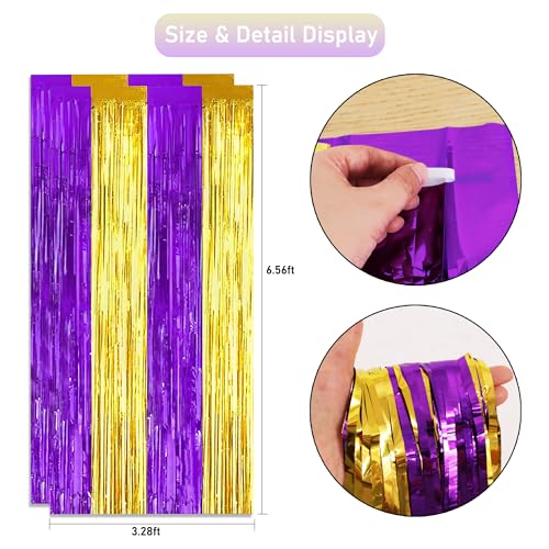 Image of TONIFUL 2Pcs Purple and Gold Fringe Backdrop Curtain 2026 Graduation Parties Metallic Tinsel Foil Fringe Photo Booth Backdrop Door Streamers for Birthday Bachelorette New Year Party Decorations