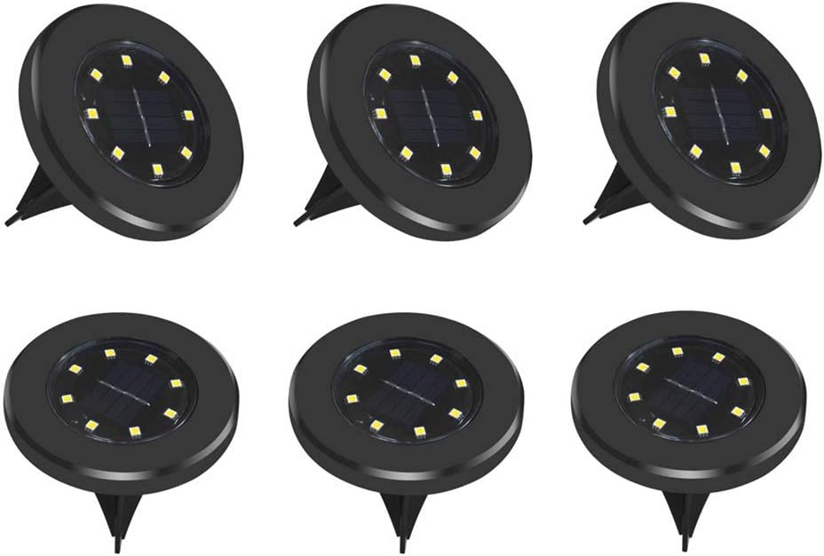 Solar Ground Lights 8 LED Disk Light Solar Powered Outdoor In-Ground Landscape Path Lights for Garden Lawn Yard Patio Driveway Walkway Pool Patio Deck Pathway,6 Pack,Warm White,Black Finish