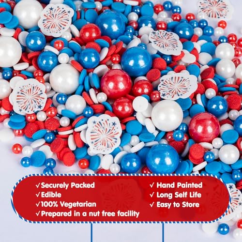 Image of 4th of July Edible Sprinkles,Red White Blue Patriotic Sprinkles Mix Edible Fireworks Wafer Paper,130g,Round Confetti Pearls Sprinkle for Cake Decorating,Flag Day,Juneteenth Independence Day Cupcake Donut Cookie Decorations for Fourth of July Party