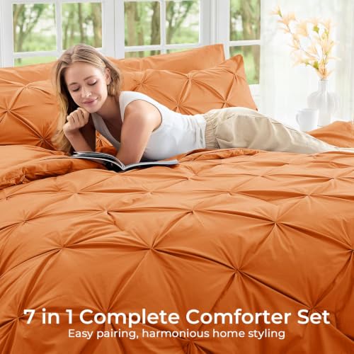 Image of Sasttie King Size Comforter Set, 7-Piece Bed in a Bag, Pintuck Bedding Set for All Season, Includes Comforter, Flat Sheet, Fitted Sheet, Pillowcases and Pillowshams, Coral Orange