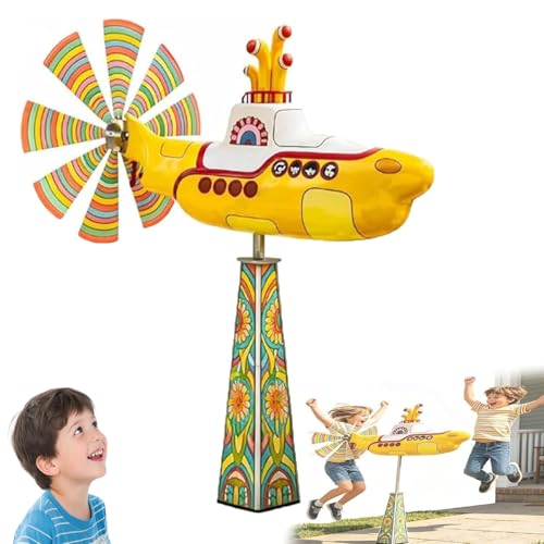 Yellow Submarine Wind Spinner Outdoor Garden Decor Rotating Yard Spinners with Spin Blades Heavy Duty Metal Kinetic Windmill UV-Resistant Non-Fading Wind Sculpture Unique Garden Gifts