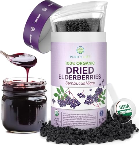 USDA Organic Dried Elderberries 1lb Bulk (Safest Packaging Resealable Bag BPA-Free Scoop) Natural non-irradiated Raw Whole Black Elderberry Immune Support Make Sambucus Elderberry Syrup 1 Pound
