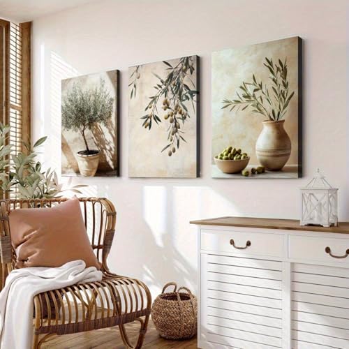 Juego de 3 pósteres, cuadros de olivo, lienzos de plantas mediterráneas, decoración de pared boho en tonos beige y verde, póster de arte moderno para salón y dormitorio, sin marco (40 x 50 cm)