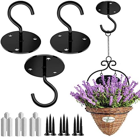 JUNBEI 3PCS Ceiling Hooks, Enhanced Hanging Plant Hooks, Iron Wall Mount Heavy Duty Metal Plant Bracket for Hanging Bird Feeders, Lanterns, Wind Chimes, Planters, Outdoor Decoration Hooks (Black)