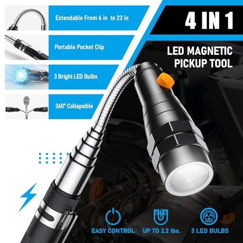 Telescoping Magnet Pickup Tool with 3 LED Magnetic Flashlight, Valentines Day Gifts for Him Adults, Cool Gadgets Birthday Gifts for Men, Dad, Husband, Boyfriend - Image 5