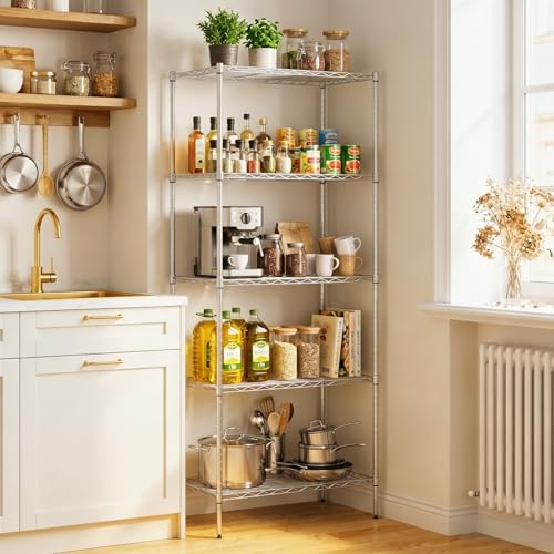 Image of BestOffice | 5-Tier Wire Storage Shelves | 14 x 24 x 60 | Chrome | with Adjustable Racks | Metal Shelf, Holds Upto 500 lbs | No-Tool Assembly | Ideal for Home & Garage Shelving