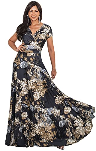 KOH KOH Womens Long Floral Print Cap Sleeve Modest Flowy Summer Maxi Dress Gown